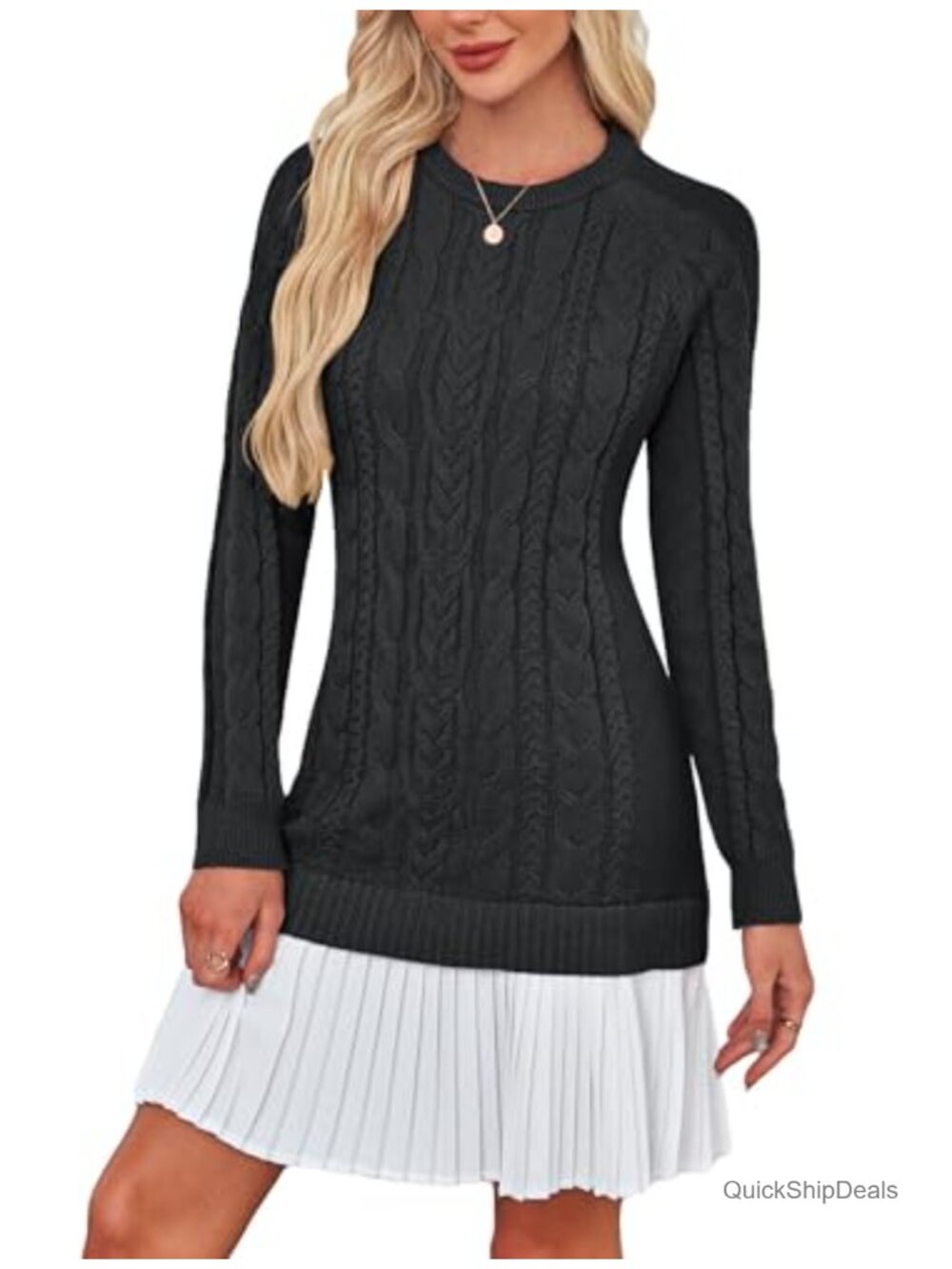 Womens Cable Knit Sweater Dress Patchwork Pleated Long Sleeve Mini